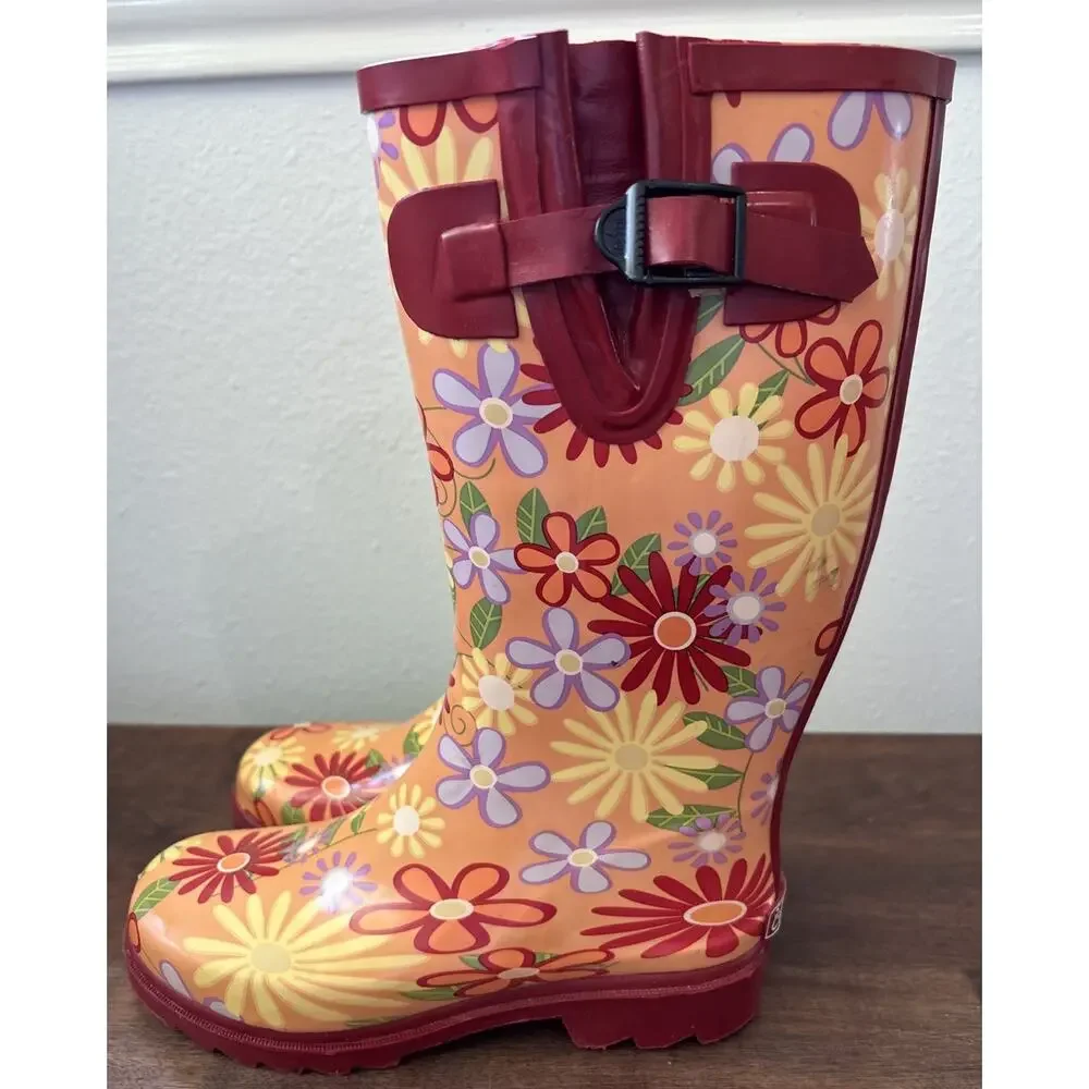 Womens Stone Creek Rubber Steel Shank Boots Size 6 Orange Flowers Rain Boots